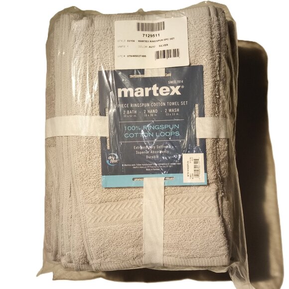 MARTEX 6 piece Towel Set  Silver/Gray  100% Cotton  Bath/Hand/Wash  NEW in pkg. - Picture 1 of 4